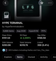 A HyperEVM marketplace listing for 'HYPE TERMINAL' by HypeTerminalsdev with a floor price of $191.54 and listed price of $166.58.