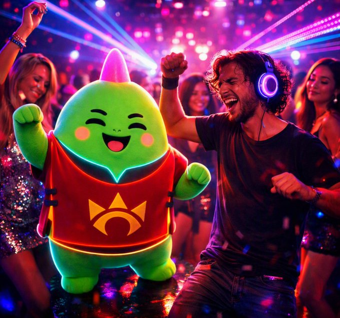 A green dinosaur mascot wearing headphones and a red "M"-crown shirt dances excitedly next to a man with headphones at a neon-lit party. The image playfully illustrates the post's theme of Sleepagotchi exploring sleep wellness through an engaging, mascot-led approach.