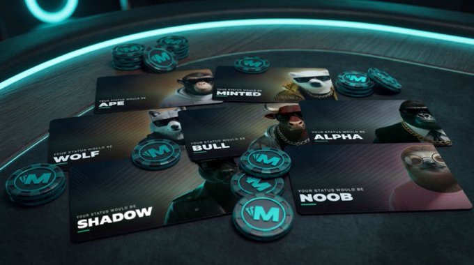 A display of collectible membership-style cards and glowing blue tokens featuring ape and character artwork, with card labels reading "APE," "MINTED," "ALPHA," "WOLF," "BULL," "NOOB," and "SHADOW," all bearing "YOUR STATUS WOULD BE" and an "M" logo.