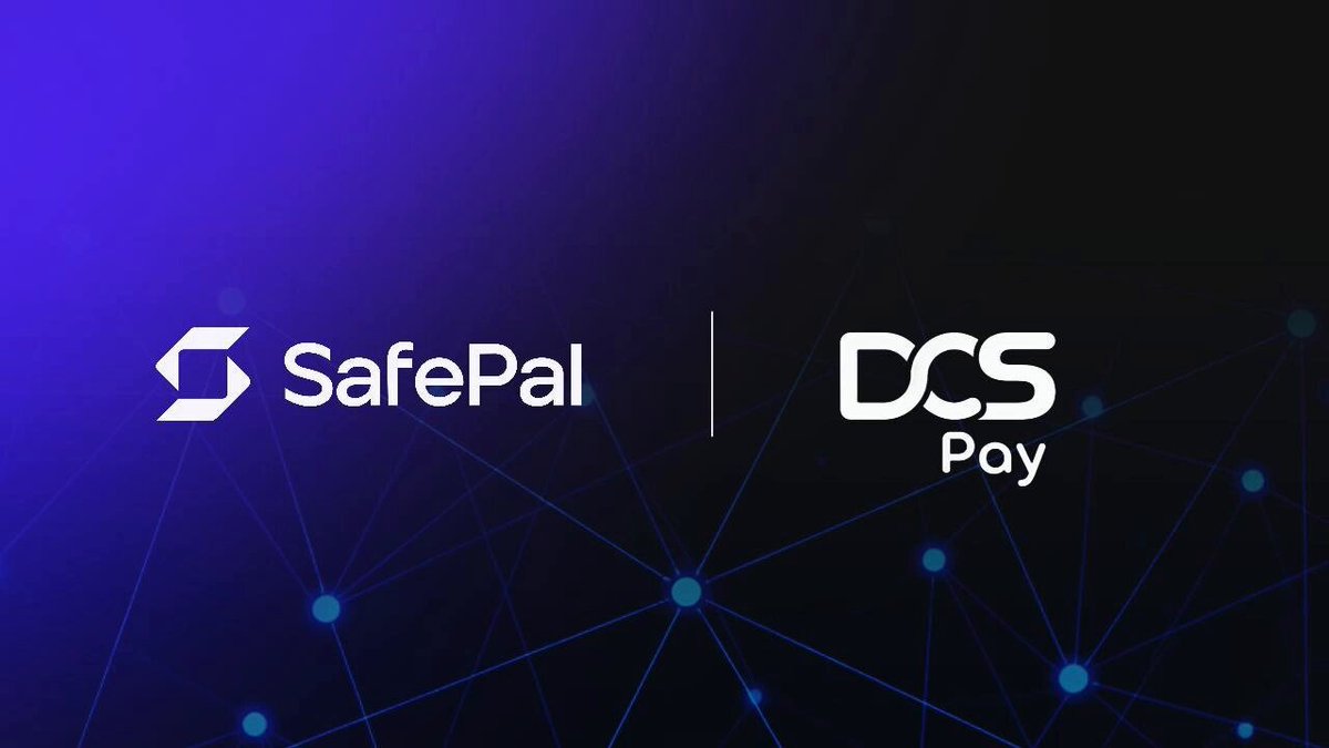 The image features a logo for SafePal and DCS Pay, both located in the top right corner of the frame. The SafePal logo is blue with white text that reads "safe pal", while the DCS Pay logo is black with white text that says "dspsay". Both logos are set against a dark blue background adorned with small white dots. The image also contains some text, which appears to be related to the integration of SafePal and DCS Pay into an app for users in Vietnam, the Philippines, and Brazil.