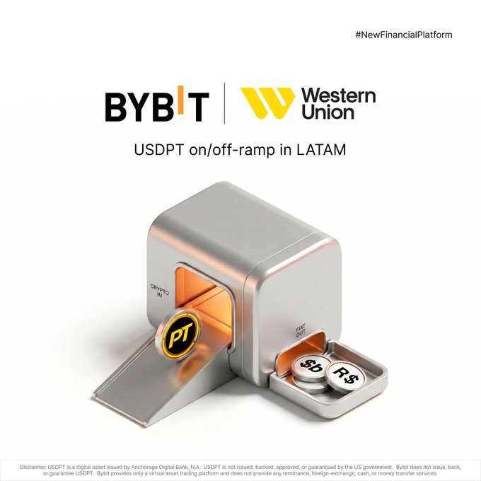 The image features a silver coin slot with two coins inside of it. The text "Bybit" is written above the coin slot, while "Western Union" is written below it. The image also includes a description that reads "USDPT on Off-ramp in Latam".