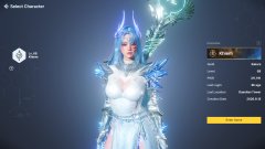 A character selection screen from a video game displays a female character in ornate blue and white armor with a glowing blue headdress, labeled 'Vihara' on the right panel.