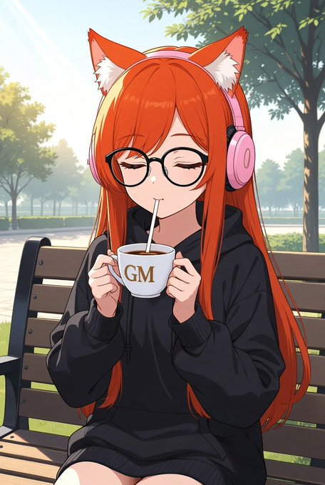 The image features a girl with long red hair wearing glasses, sitting on a bench drinking from a cup while listening to headphones. The background includes trees and bushes, creating an outdoor setting for her to enjoy her coffee break. The caption of the image reads "Good morning CT family A new day brings new hope and new opportunities Stay positive and believe in your journey Make today meaningful and full of progress @wallchain Most valuable chain".