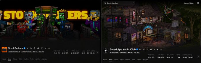 A side-by-side comparison from an NFT tracking platform (likely NFTNerds or similar) showing the "StonkBrokers" collection priced at 3.50 ETH alongside the "Bored Ape Yacht Club" at 78.30 ETH, visually illustrating the massive price gap between the two collections that the post references when speculating whether StonkBrokers could flip BAYC and reach an ATH of around 11 ETH like Goblintown.