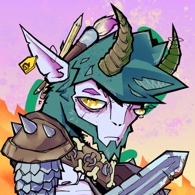 A colorful digital illustration of a green-haired character with horns wearing spiked armor and carrying pencils and a ruler, with visible wounds on their face.