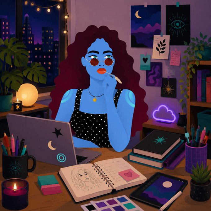 An illustration of a blue-skinned woman with long dark hair, round red sunglasses, and a polka-dot top sitting at a desk with a laptop, sketchbook, and neon cloud lamp.