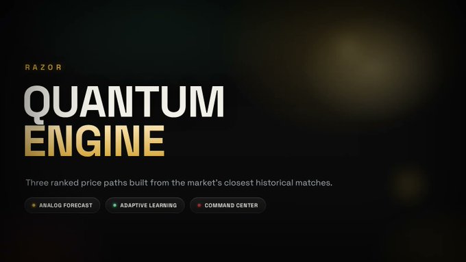 A dark promotional banner for 'RAZOR QUANTUM ENGINE' with gold text on a black background, featuring the tagline 'Three ranked price paths built from the market's closest historical matches.' and three tags: 'ANALOG FORECAST', 'ADAPTIVE LEARNING', and 'COMMAND CENTER'.