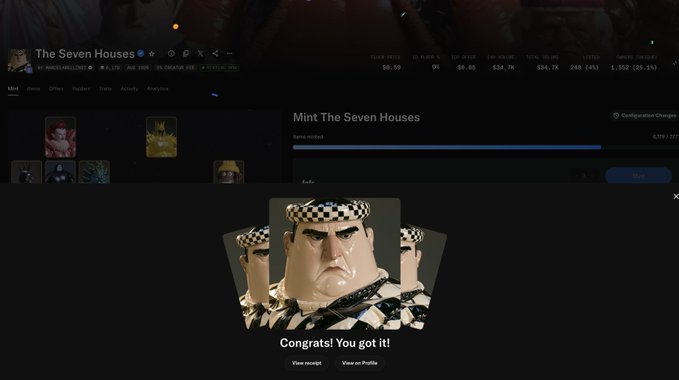 An NFT minting success screen on a marketplace showing 'The Seven Houses' collection with a congratulatory pop-up displaying cartoon characters in black-and-white checkered bandanas and the message 'Congrats! You got it!'