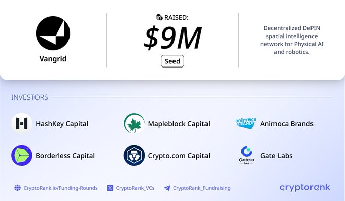 A funding announcement showing Vangrid raised $9M in a Seed round, with a description of it being a 'Decentralized DePIN spatial intelligence network for Physical AI and robotics.' Investors listed include HashKey Capital, Mapleblock Capital, Animoca Brands, Borderless Capital, Crypto.com Capital, and Gate Labs.