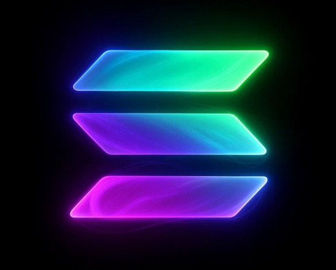 Three glowing neon horizontal bars in gradients of green, blue, and purple are stacked against a black background, resembling the Solana logo's signature stylized design. The image visually reinforces the post's celebration of Solana's milestone 888-day uninterrupted uptime streak, symbolizing stability and continuous network performance.
