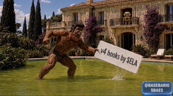 A buff bodybuilder wades through a murky green pool while holding a sign reading "v4 hooks by $ELA," while a small cartoon character watches from the balcony of an ornate mansion. The image, watermarked "@BASEBARIO $BAES," humorously illustrates the post's message about @RiskFDN building innovative DeFi solutions on Ethereum mainnet when others see it as a lost cause—portraying undervalued determination amid a stagnant environment.