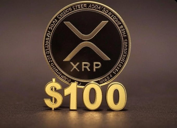 A golden XRP coin is displayed prominently above a "$100" price marker, visually representing the speculative target many XRP holders discuss as a potential sell point for their holdings.

The image directly ties to the post's question by illustrating the $100 price level as a psychological milestone where investors might consider taking profits on their XRP bags.