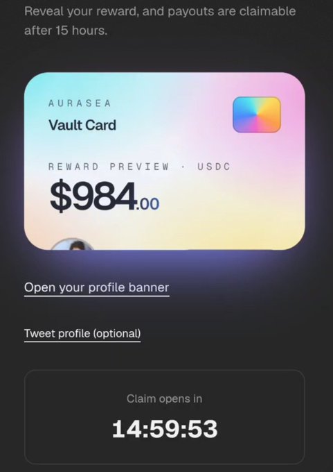 The image displays an "AURASEA Vault Card" reward preview showing a $984.00 USDC payout, with a countdown timer indicating the claim opens in 14:59:53. The user is warning others about connecting wallets to Aurasea airdrops, suggesting this is a risky opportunity despite the $984 reward on display.