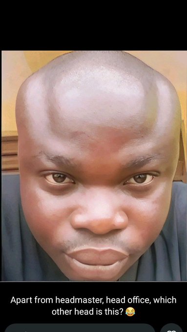 A man with a bald head appears on a video, with text at the bottom reading 'Apart from headmaster, head office, which other head is this?'