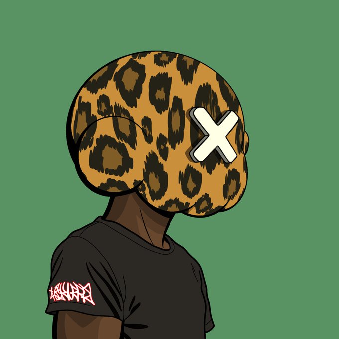 A cartoon character with a leopard-print head featuring an X-shaped eye, wearing a black t-shirt, against a green background.