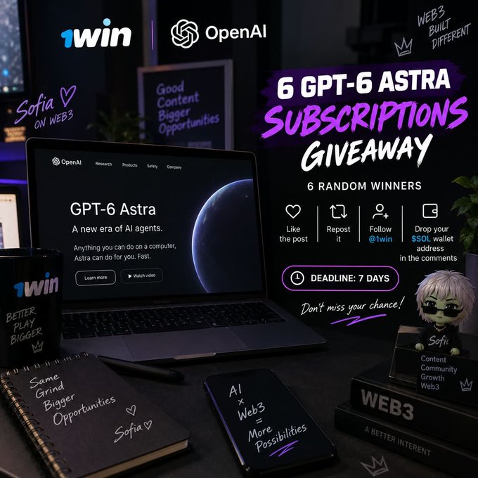 Promotional graphic announcing a '6 GPT-6 ASTRA SUBSCRIPTIONS GIVEAWAY' by 1win and OpenAI, featuring a laptop displaying 'GPT-6 Astra: A new era of AI agents' and instructions to like, repost, follow @1win, and comment an SSOL wallet address.
