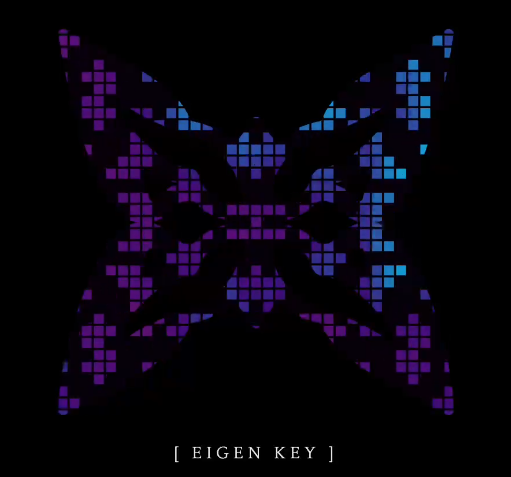 A symmetrical purple and blue pixelated kaleidoscope pattern on a black background with '[ EIGEN KEY ]' text at the bottom.