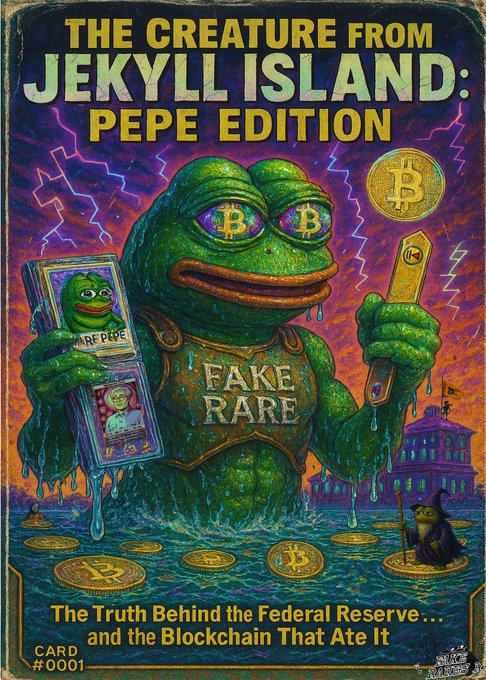 A satirical trading card titled 'THE CREATURE FROM JEKYLL ISLAND: PEPE EDITION' depicting a green Pepe creature with Bitcoin eyes and the text 'FAKE RARE'.