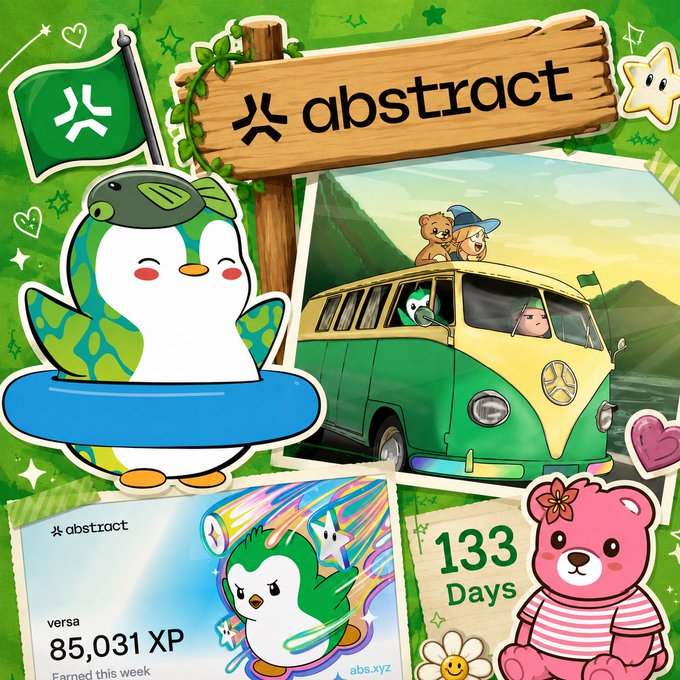 Collage of Abstract community content showing penguin mascots, a green Volkswagen-style van with bears, and an XP badge for user 'versa' with 85,031 XP earned, celebrating 133 days.
