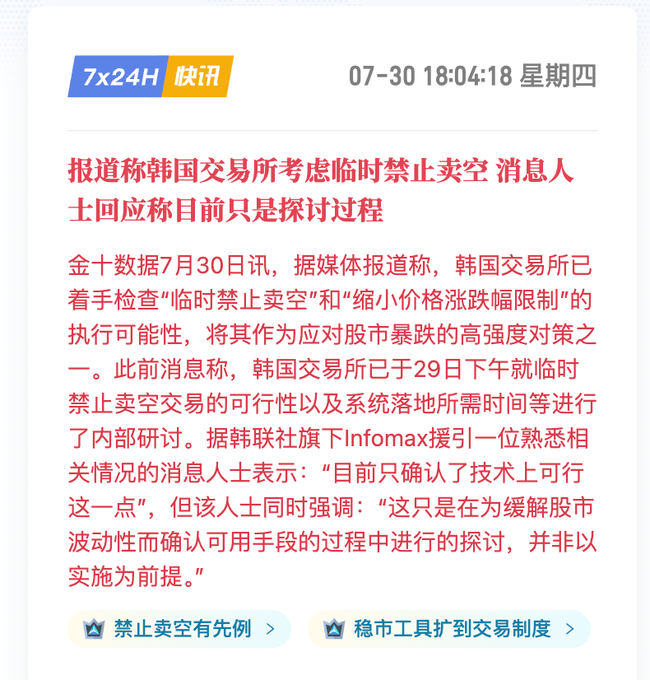 A Chinese financial news snippet from 7x24H dated 07-30 18:04:18 Thursday, reporting that the Korean exchange is considering a temporary short-selling ban, with a source clarifying it is only an exploration process.