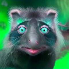 A close-up of a CGI animated animal character, possibly a raccoon or monkey, with wide turquoise eyes and its tongue sticking out against a green background.
