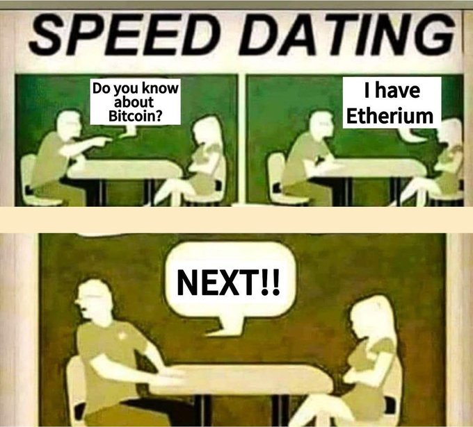 A three-panel speed dating meme with text reading 'SPEED DATING', 'Do you know about Bitcoin?', 'I have Etherium', and 'NEXT!!'.