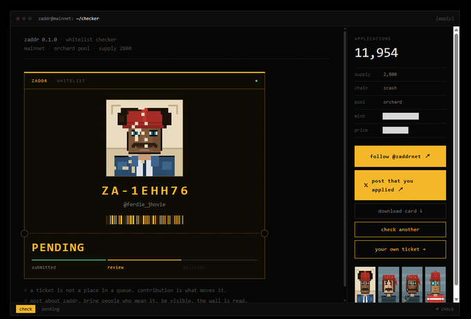 A screenshot of a Zaddr whitelist checker interface showing a pixel art NFT character with the identifier 'ZA-1EHH76' (@ferdie_3howie) and a 'PENDING' review status.