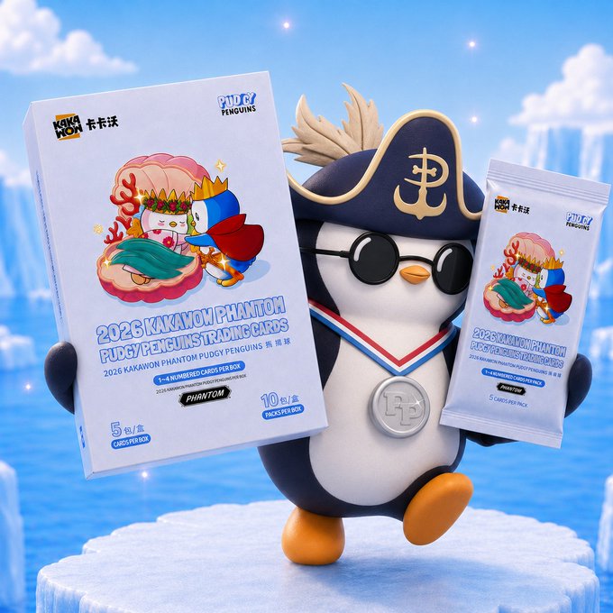 A 3D rendered penguin mascot in a pirate hat holding a box and pack of '2026 KAKAWON PHANTOM PUDGY PENGUINS TRADING CARDS' with 5 cards per box.