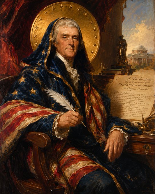 Classical oil painting of George Washington draped in an American flag with a golden halo, holding a quill beside the Declaration of Independence.