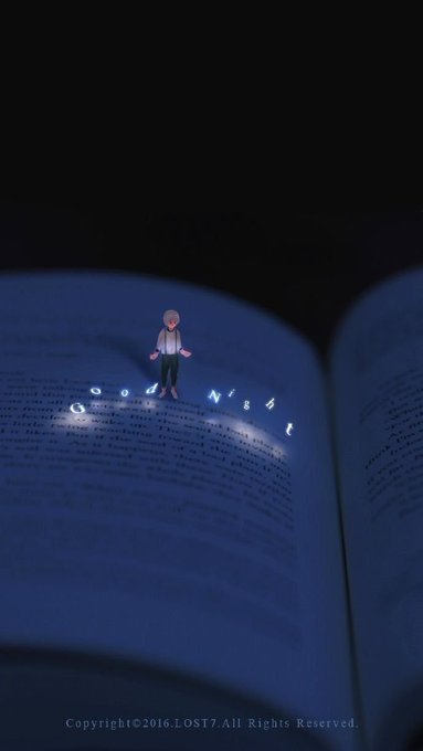 An artistic illustration from the video game OST7 (2016) showing a small character standing on an open book, with the words 'Good Night' formed by glowing letters amid the text on the page.