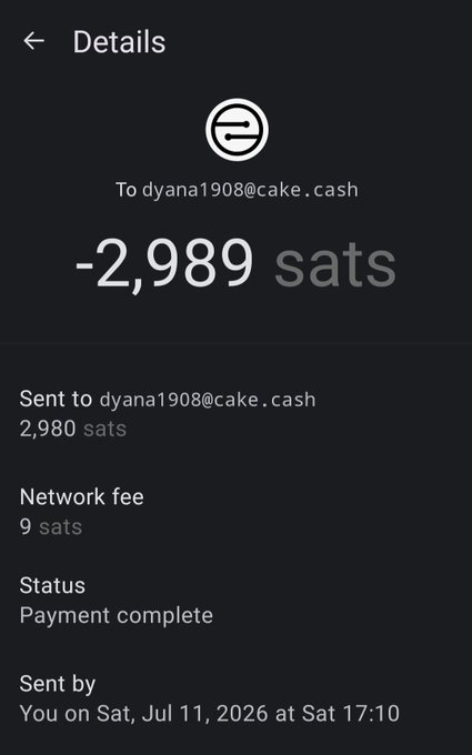 A mobile payment confirmation screen showing a transaction of -2,989 sats sent to dyana1908@cake.cash, including a 2,980 sats amount, 9 sats network fee, and 'Payment complete' status dated Sat, Jul 11, 2026.