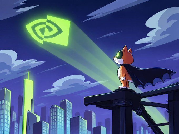 An illustration of a cartoon fox wearing a cape and helmet standing on a rooftop overlooking a futuristic city, with a glowing green NVIDIA eye logo beaming in the sky.