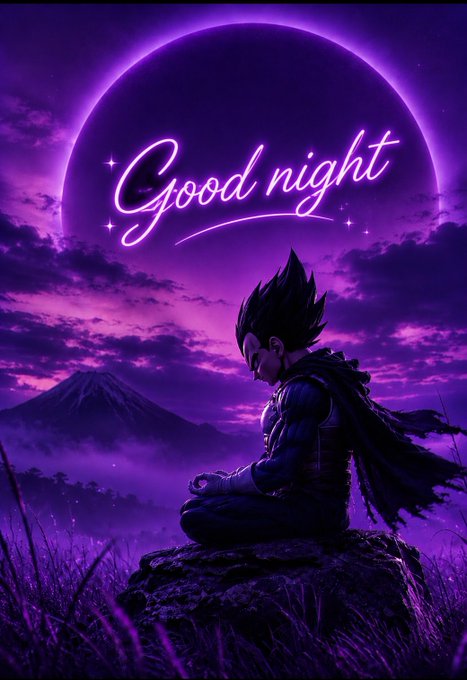 A digital illustration of a spiky-haired anime character meditating on a rock under a purple sky, with neon 'Good night' text glowing above.