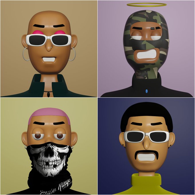 Four stylized 3D character portraits are arranged in a grid: a bald person with white sunglasses and pink brows, someone in a camo mask with a halo, a skull-masked figure with 'Under Kage' text, and a man with a mustache wearing white sunglasses.