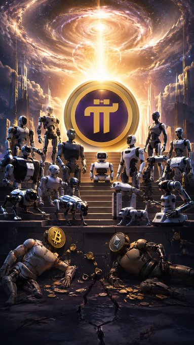 A futuristic illustration depicts a gathering of diverse robots assembled beneath a glowing Pi Network (π) emblem, symbolizing Pi's new role as the payment currency for AI and robotic services like RoboPay on the Fabric network. At the base of the scene, broken machines and scattered gold coins—including a Bitcoin (₿)—evoke the displacement of older currencies by Pi's ecosystem.