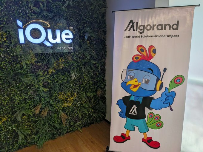A green plant wall displays an illuminated "iQue ventures" logo next to a banner featuring the "Algorand - Real-World Solutions/Global Impact" text alongside a colorful cartoon peacock mascot.