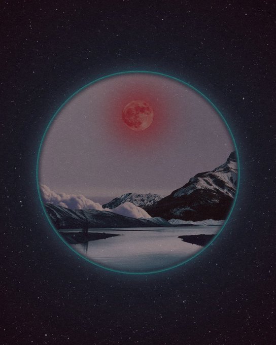 A surreal landscape showing snow-capped mountains and a lake framed within a glowing circular portal against a starry night sky, with a red moon overhead.