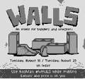 The image features bold "WALLS" text with "MINT FOR THE PEOPLE AND PATRONS" underneath, promoting a 1/1 Tezos NFT collection by Thomas Augustín titled "You Can Walk Through Walls," auctioned as part of the #WALLS event with live bidding running August 24-26, 2021 at 4 PM UTC, aligning with the post's announcement of a Teia Community x objkt.com drop.