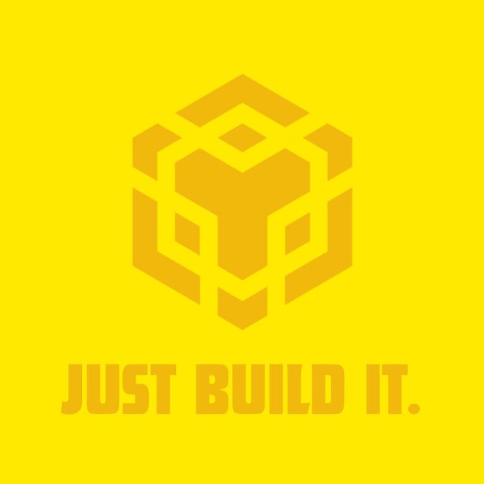 A yellow background features a geometric cube logo in golden-yellow, with the bold text "JUST BUILD IT." displayed below. The design reinforces the post's theme of BNB Chain's rapid development and ambitious roadmap toward launching a new high-performance Layer 1 for agentic trading.