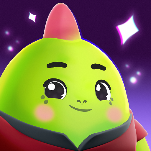 A 3D-rendered green creature with a pink spike on its head, smiling with large eyes against a purple background with sparkling stars.