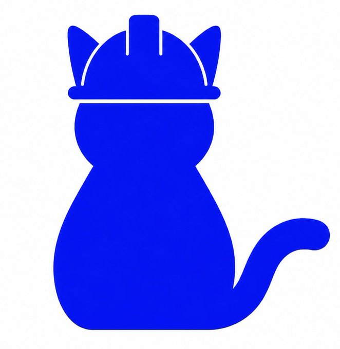 A minimalist blue silhouette icon of a cat wearing a construction hard hat.