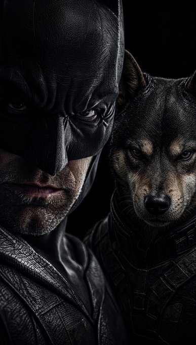 A dark, close-up promotional image shows Batman in a black cowl beside a wolf-like animal wearing black armor, both lit with low, dramatic lighting.