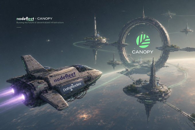 A sci-fi promotional image for Nodefleet Canopy showing a spaceship labeled 'nodefleet' and 'DataNodes' flying past futuristic orbital space stations with a large circular Canopy logo, tagged 'Building the future of decentralized infrastructure.'