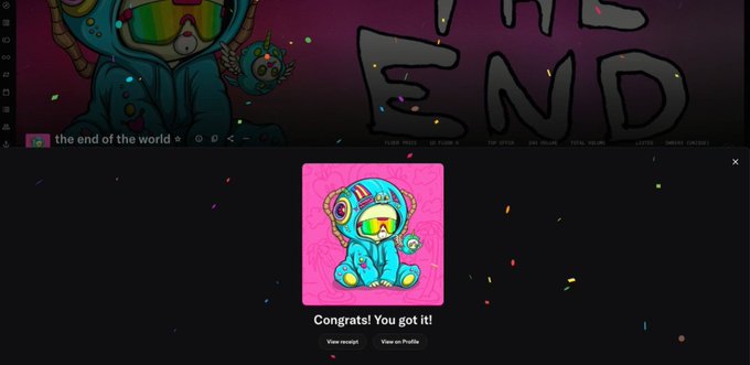 A neon cartoon gecko in rainbow ski goggles sits on a pink square as confetti falls around it, with "the end of the world" and "THE END" graffiti in the background. A popup reads "Congrats! You got it!" with "View receipt" and "View on Profile" buttons, celebrating the user's successful mint of this vibrant NFT that the poster calls a lifetime hold.