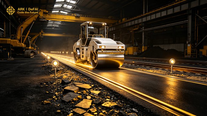 A steamroller compresses a freshly laid surface in a dimly lit industrial facility, surrounded by heavy machinery and glowing yellow runway lights, with the text "ARK I DeFAI - Code the Future" visible in the top-left corner. The image visually echoes the message of building steadily and methodically, reinforcing the metaphor of constructing Arkie AI App layer by layer to prepare it for the road ahead.