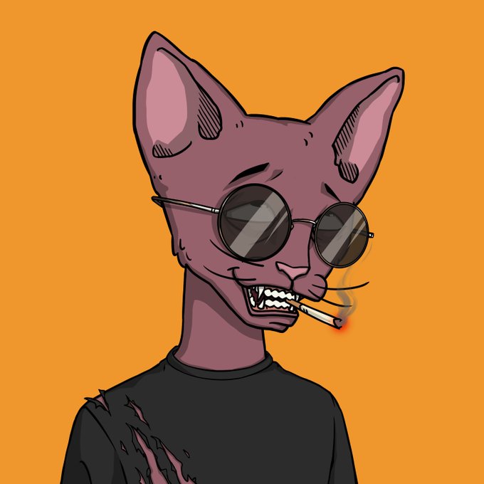 A stylized cartoon illustration of a purple-furred anthropomorphic fox (resembling a Sphynx cat or hairless feline) with large pointed ears, wearing round black sunglasses and a black torn shirt, grinning while smoking a lit cigarette against an orange background, fitting the edgy crypto NFT giveaway aesthetic advertised for the "CET #3319" collection.