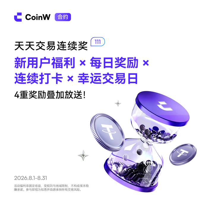 CoinW cryptocurrency promotional advertisement in Chinese featuring an hourglass with coins, promoting daily trading rewards from 2026.8.1-8.31 with text about new user benefits and lucky trading days.