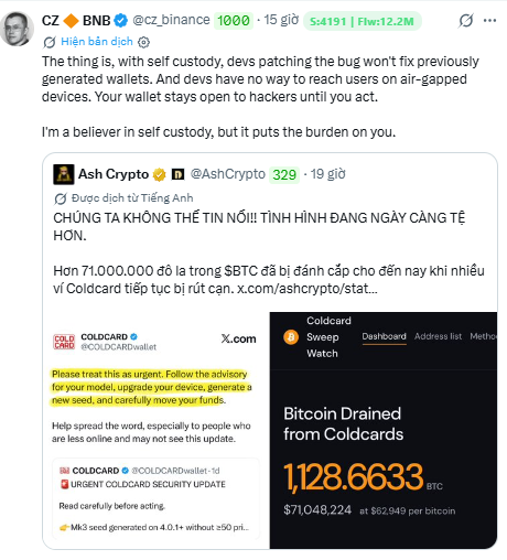 A tweet from CZ (Changpeng Zhao) @cz_binance discussing self-custody and security concerns, quoting Ash Crypto's post about Coldcard wallet security issues after 71,000,000 ($1.048M) in BTC was drained.