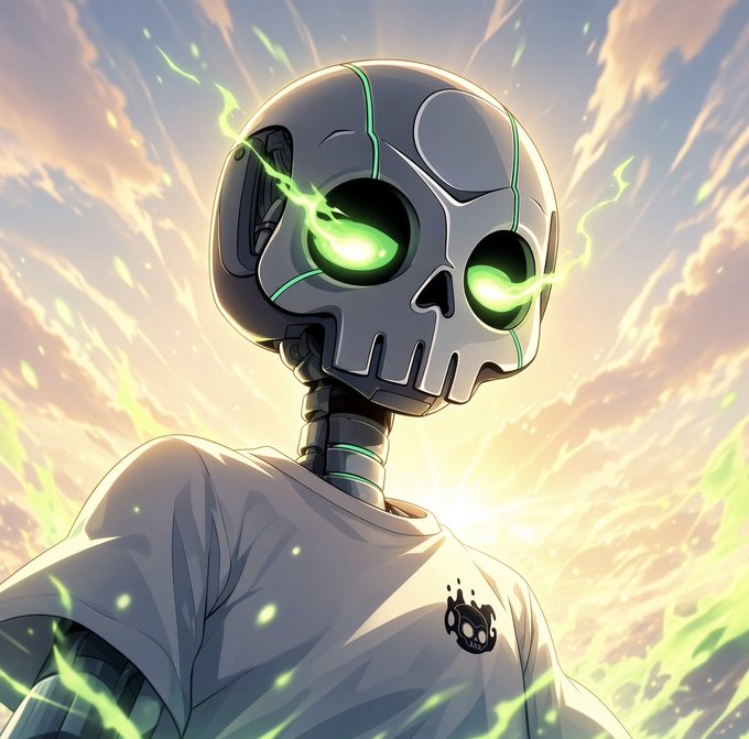 An anime-style illustration of a skeletal, robotic character with glowing green eyes and energy emanating around it, wearing a white t-shirt with a small logo.