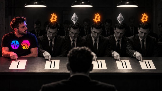 A surreal image showing a lineup of identical men in suits pointing at papers with tally marks (I through III), with one different man in a cryptocurrency-themed shirt at the end, under Bitcoin and Ethereum logos.